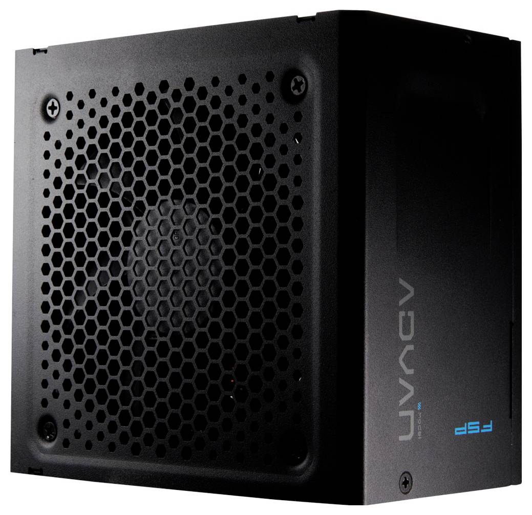 Czarna obudowa zasilacza komputerowego z wentylacją o strukturze plastra miodu i pionowym oznakowaniem.