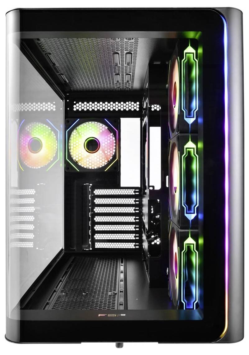 Otwarta obudowa komputera PC z wieloma wentylatorami RGB LED oraz elementami świecącymi, które kolorowo oświetlają jej wnętrze.