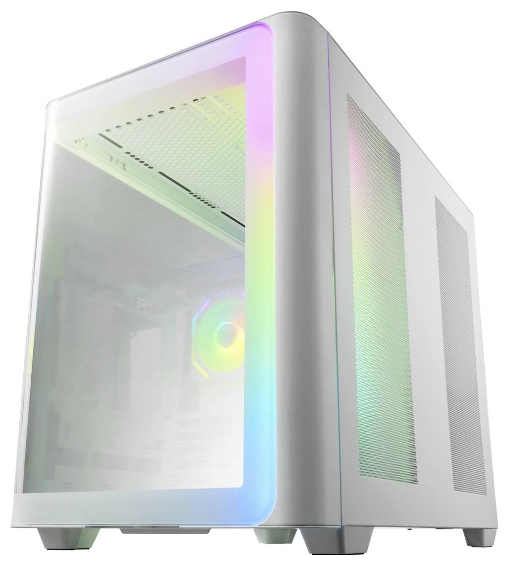 Białe obudowa komputera z przezroczystym panelem przednim i podświetleniem RGB. Widoczne podświetlenie wentylatorów wewnątrz świeci wielokolorowo.