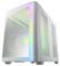 Białe obudowa komputera z przezroczystym panelem przednim i podświetleniem RGB. Widoczne podświetlenie wentylatorów wewnątrz świeci wielokolorowo.