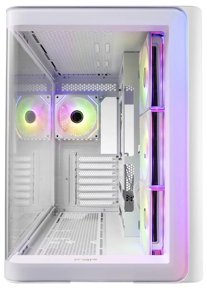 Pusty biały tower komputerowy z przezroczystymi bokami oraz trzema świecącymi wentylatorami RGB w kolorach tęczy z przodu.