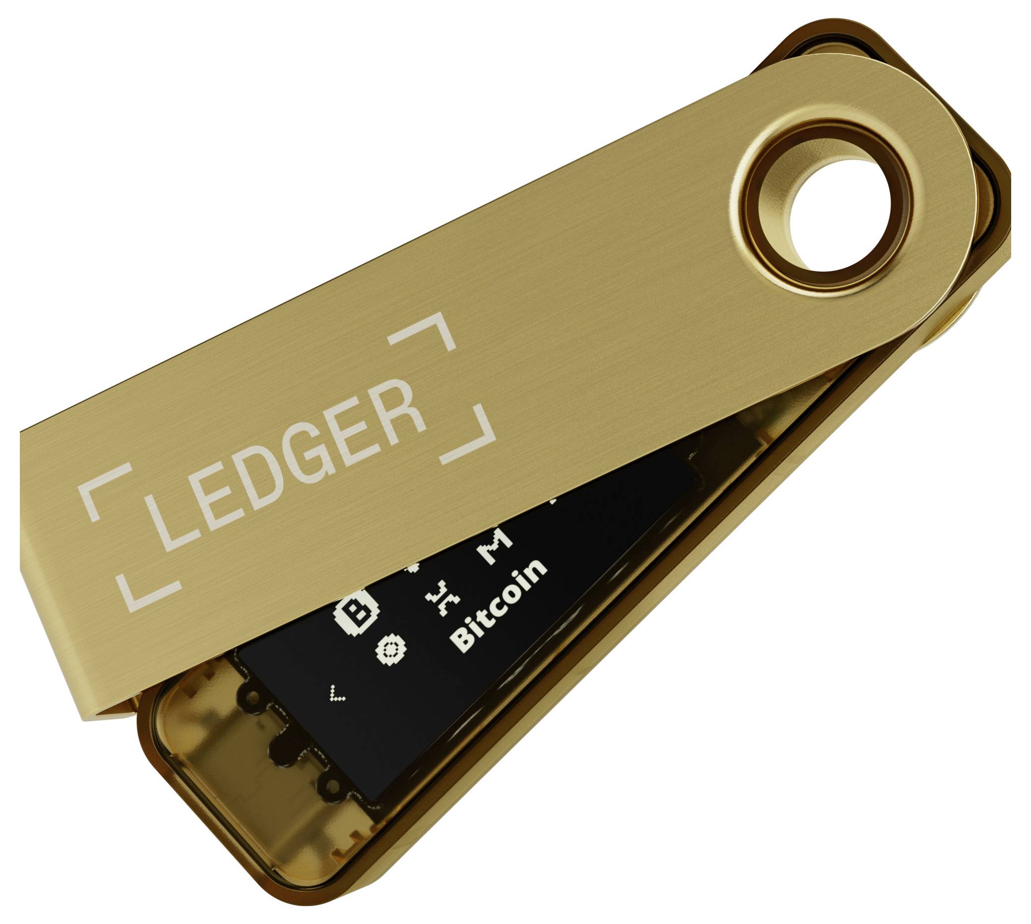 Złoty ekran urządzenia Ledger wyświetlający słowo 'Bitcoin'. Urządzenie do zabezpieczania kryptowalut.