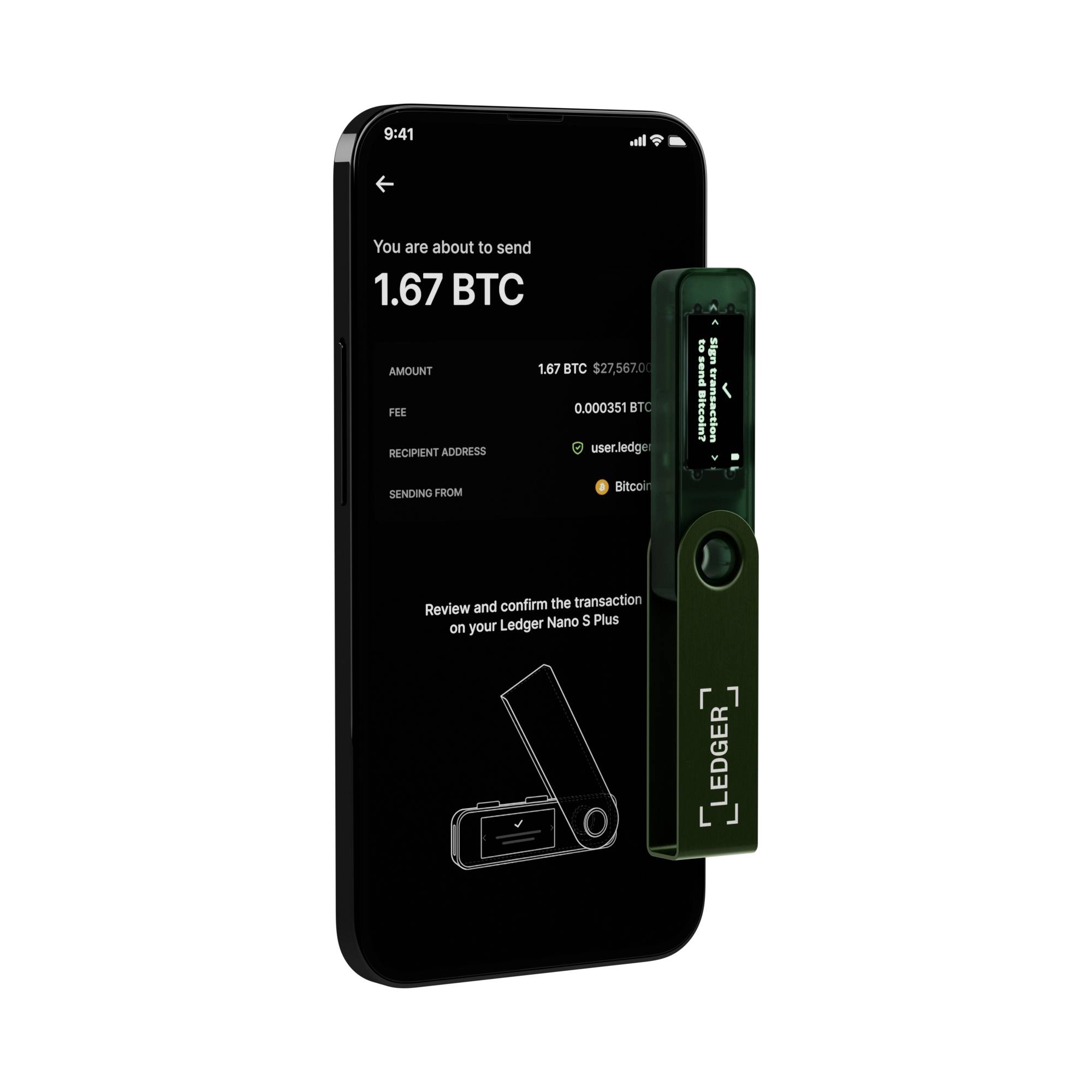 Smartfon wyświetla ekran potwierdzenia transakcji 1,67 BTC z portfela Ledger Nano S Plus, połączonego przez Bluetooth.