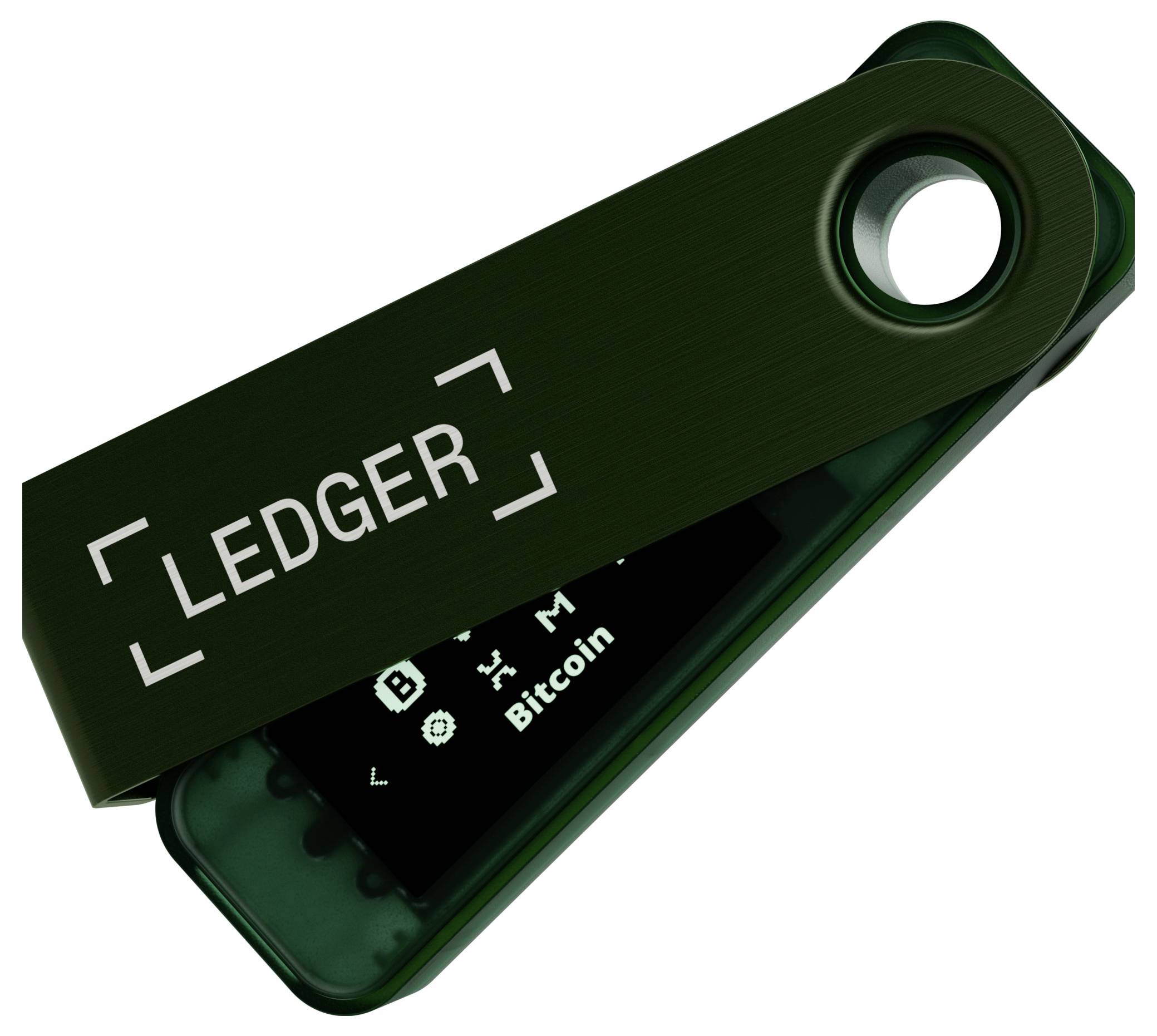 Urządzenie przypominające pendrive z napisem 'LEDGER', wyświetlające cyfrowy ekran z symbolami Bitcoin.