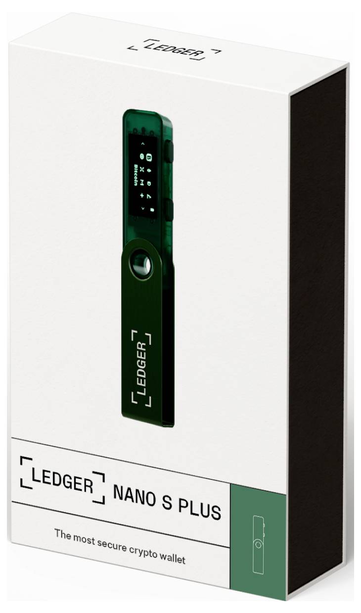 Rysunek przedstawia opakowanie 'Ledger Nano S Plus', portfela sprzętowego przeznaczonego do bezpiecznego przechowywania kryptowalut.