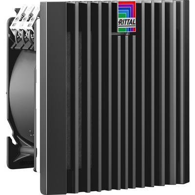 Czarny radiator z wentylatorem i logo Rittal, przeznaczony do chłodzenia urządzeń elektronicznych w zastosowaniach przemysłowych.