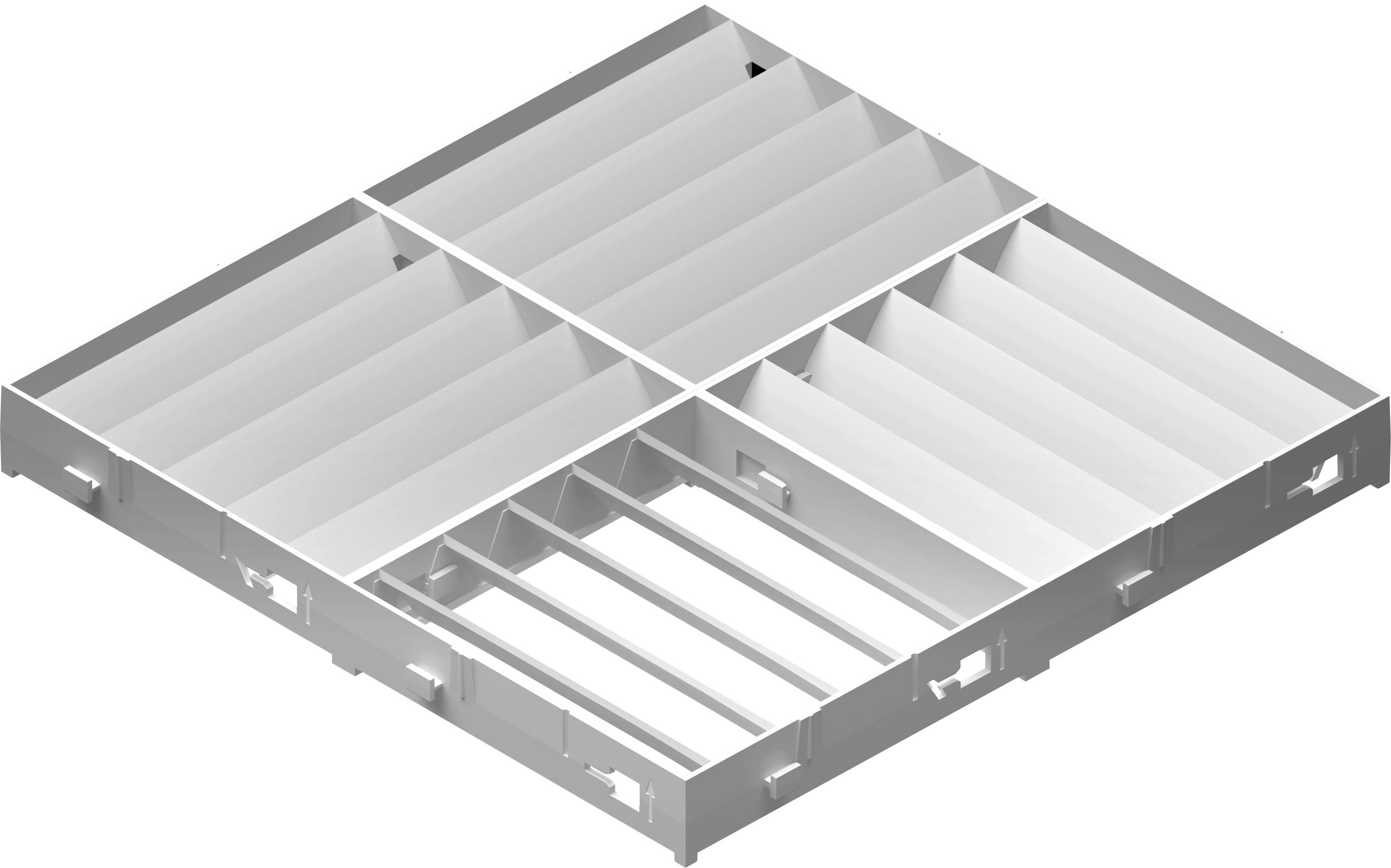 Struktura metalowa z prostokątnymi przegrodami, które mogą służyć do organizacji lub przechowywania.