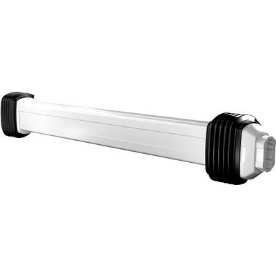 Biała, podłużna lampa LED z czarnymi nasadkami na końcach.
