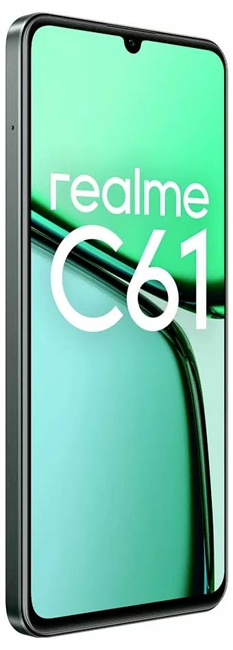 Smartfon w kolorze zielonym z dużym wyświetlaczem, na którym widnieje napis 'realme C61'.