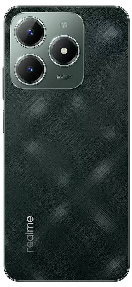 Smartfon z ciemną, strukturyzowaną tylną obudową i trzema obiektywami aparatu w lewym górnym rogu.