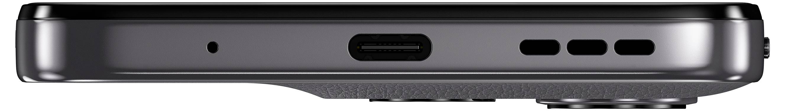 Widok boczny smartfona pokazujący port ładowania, mikrofon i otwory głośnika, podkreślający smukły design urządzenia.