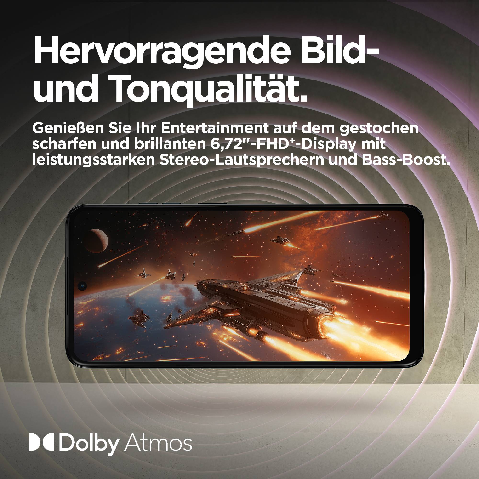Smartfon z ilustracją statku kosmicznego na ekranie. Tekst: 'Doskonała jakość obrazu i dźwięku'. Logo Dolby Atmos na dole.