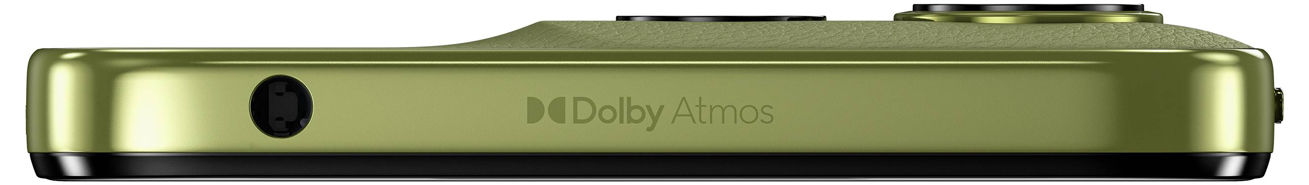 Zielony, nowoczesny sprzęt z napisem 'Dolby Atmos'. Widoczny jest jego widok z boku, z dwoma obiektywami aparatu widocznymi u góry.