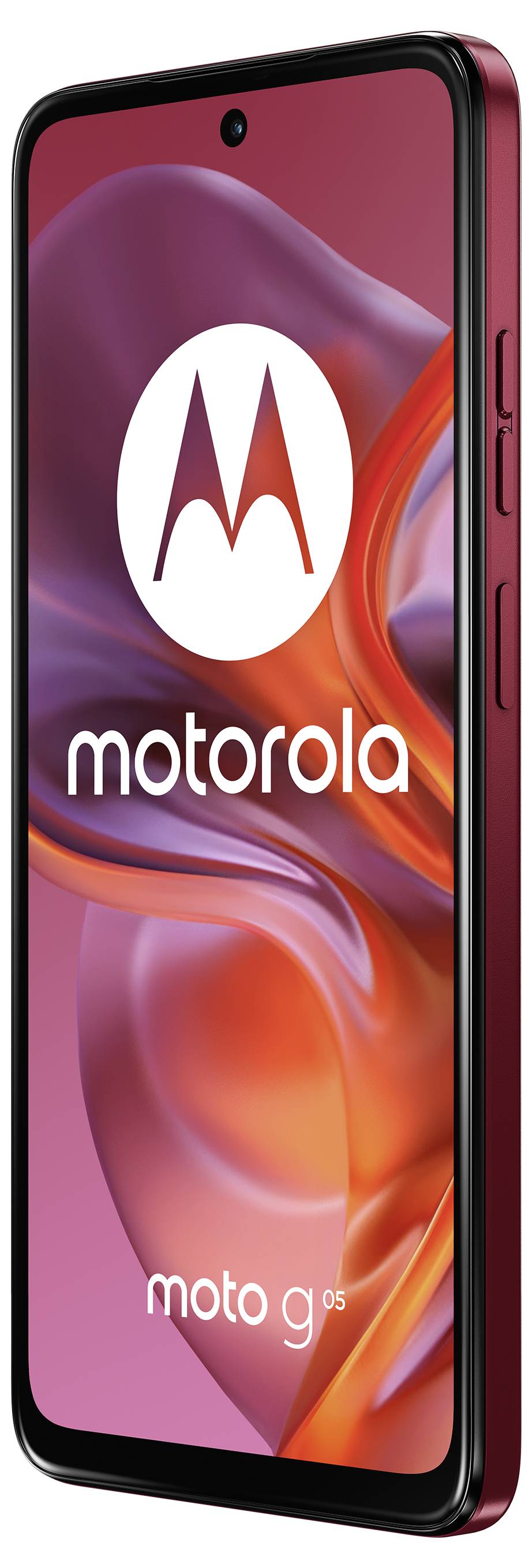 Smartfon z czerwoną ramką wyświetlający logo Motoroli na ekranie.