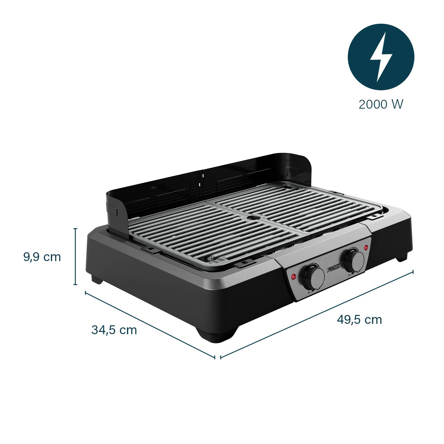 Grill elektryczny o wymiarach 34,5 x 49,5 x 9,9 cm, o mocy 2000 W, wyposażony w dwa pokrętła do regulacji temperatury.