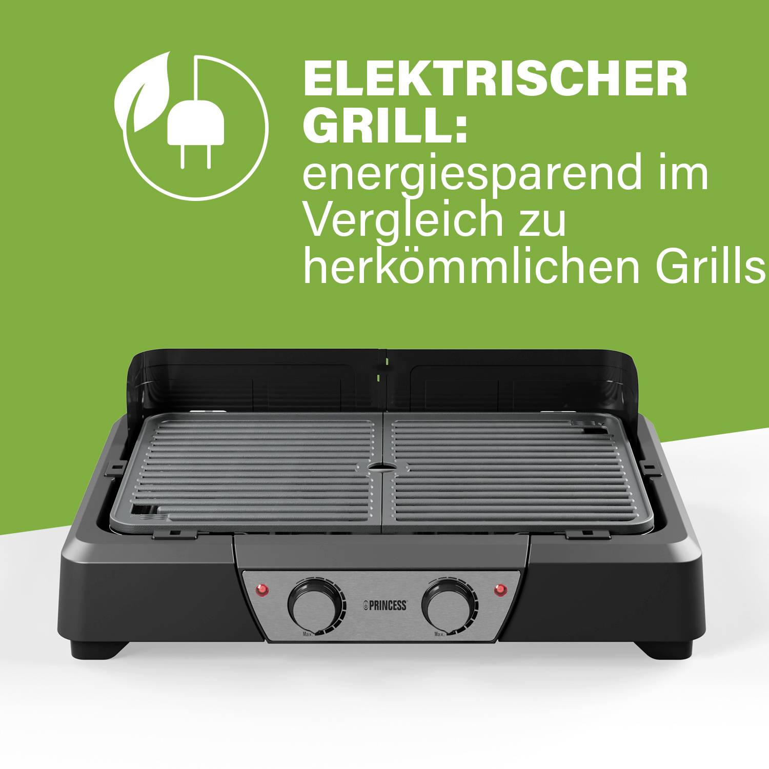 Elektryczny grill marki Princess w szaroosiowej obudowie z dwoma czerwonymi przełącznikami, reklamowany jako energooszczędny w porównaniu z tradycyjnymi grillami.