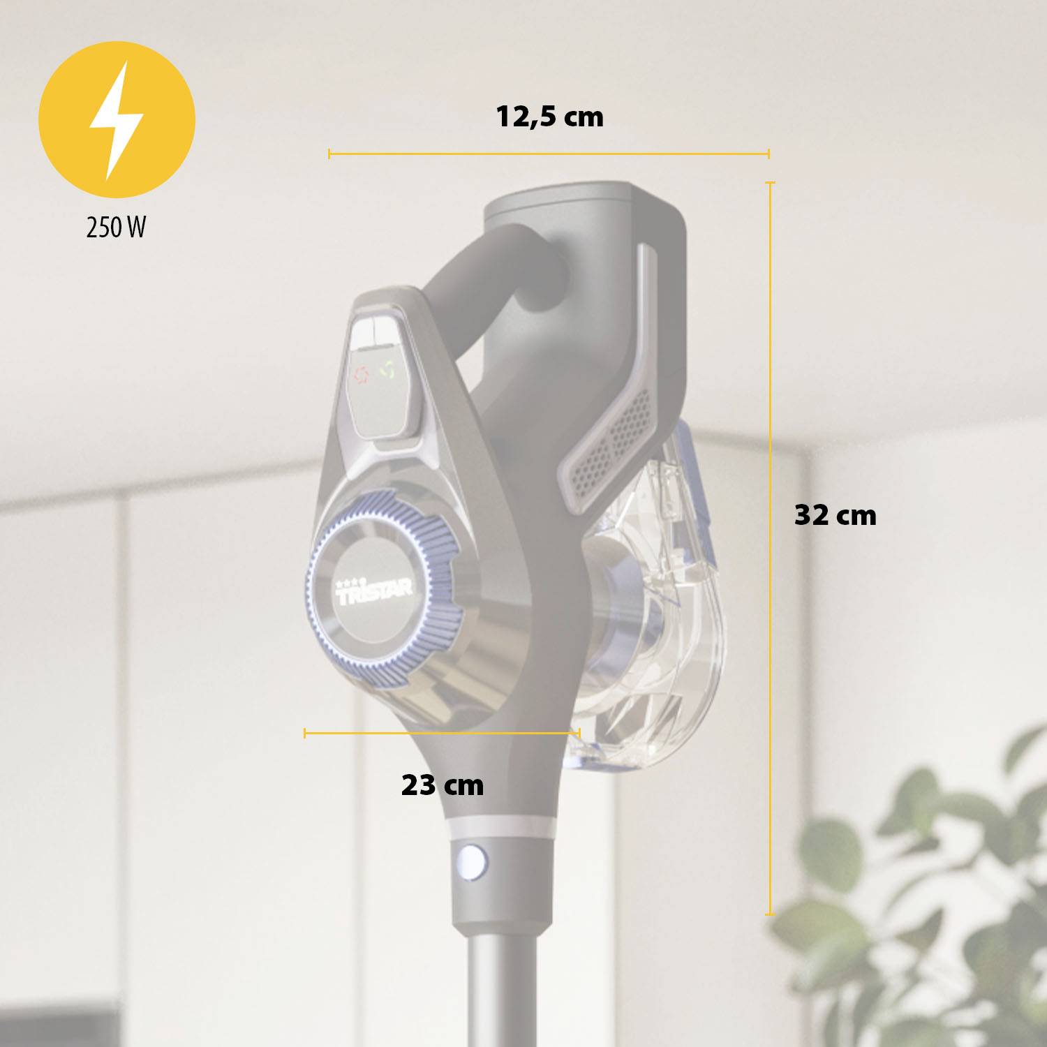 Akustyczny odkurzacz o wymiarach 32 cm x 12,5 cm x 23 cm, o mocy 250 W, na niewyraźnym tle.