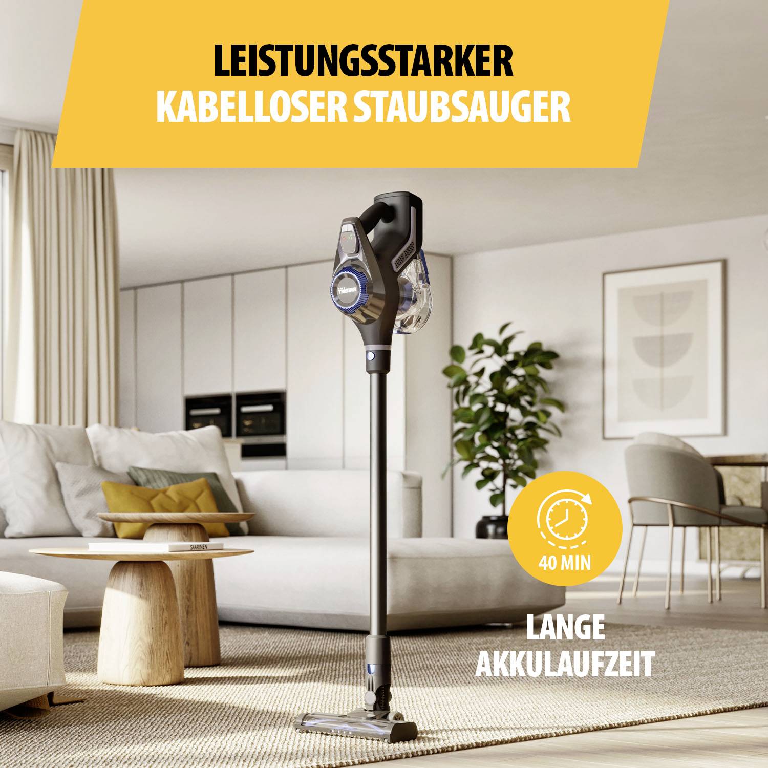Wydajny bezprzewodowy odkurzacz w nowoczesnym salonie. Wyróżniające cechy: długi czas pracy akumulatora wynoszący 40 minut.
