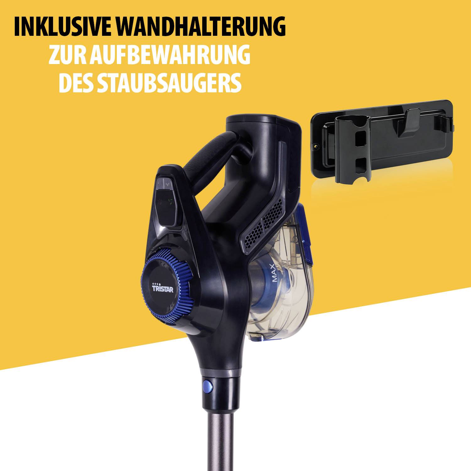 Bezprzewodowy odkurzacz na żółtym tle. Tekst: 'W zestawie uchwyt ścienny do przechowywania odkurzacza'.