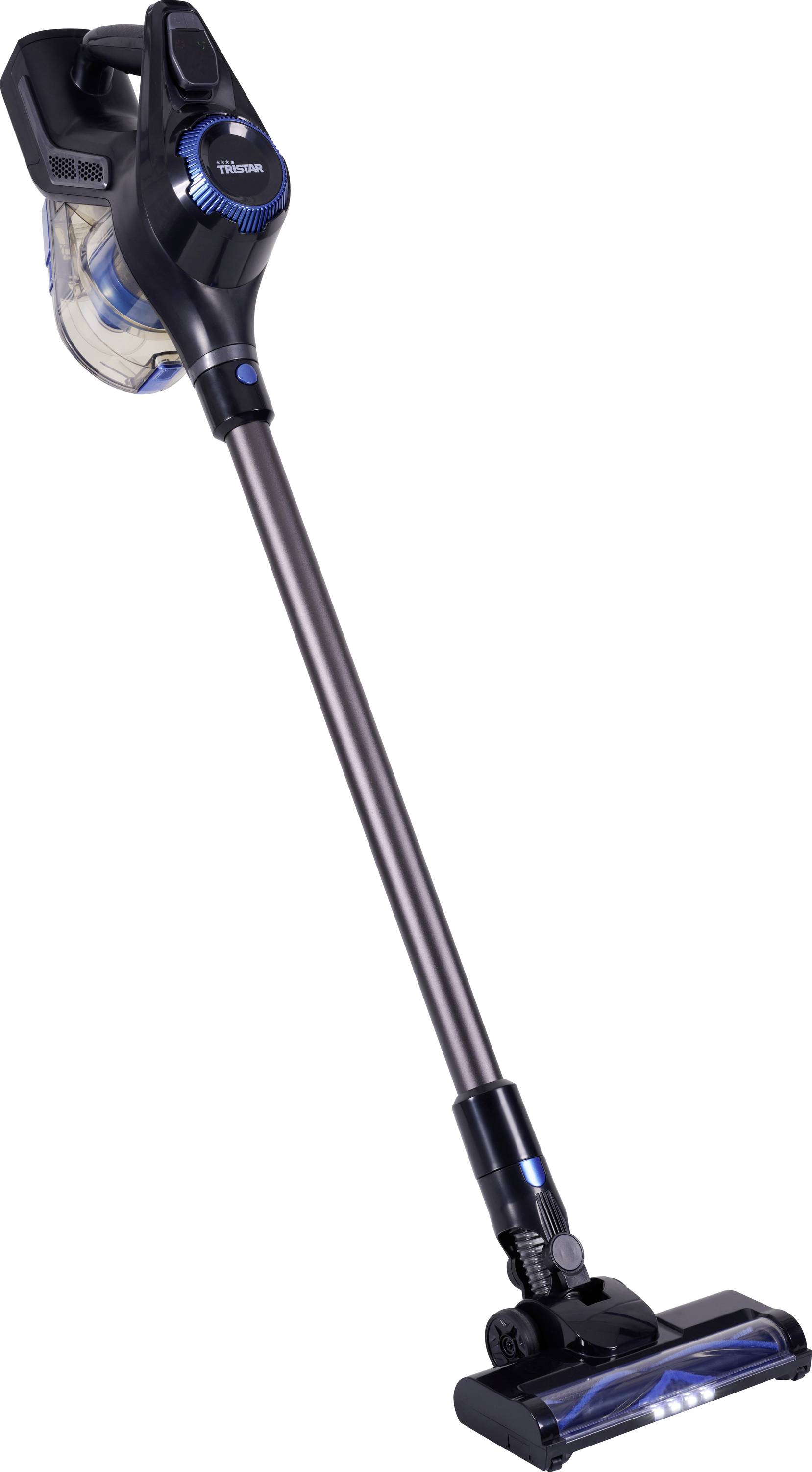 Bezprzewodowy odkurzacz ręczny w czarno-niebieskim designie, z długą rurą i końcówką do podłogi, odpowiedni do różnych rodzajów nawierzchni.