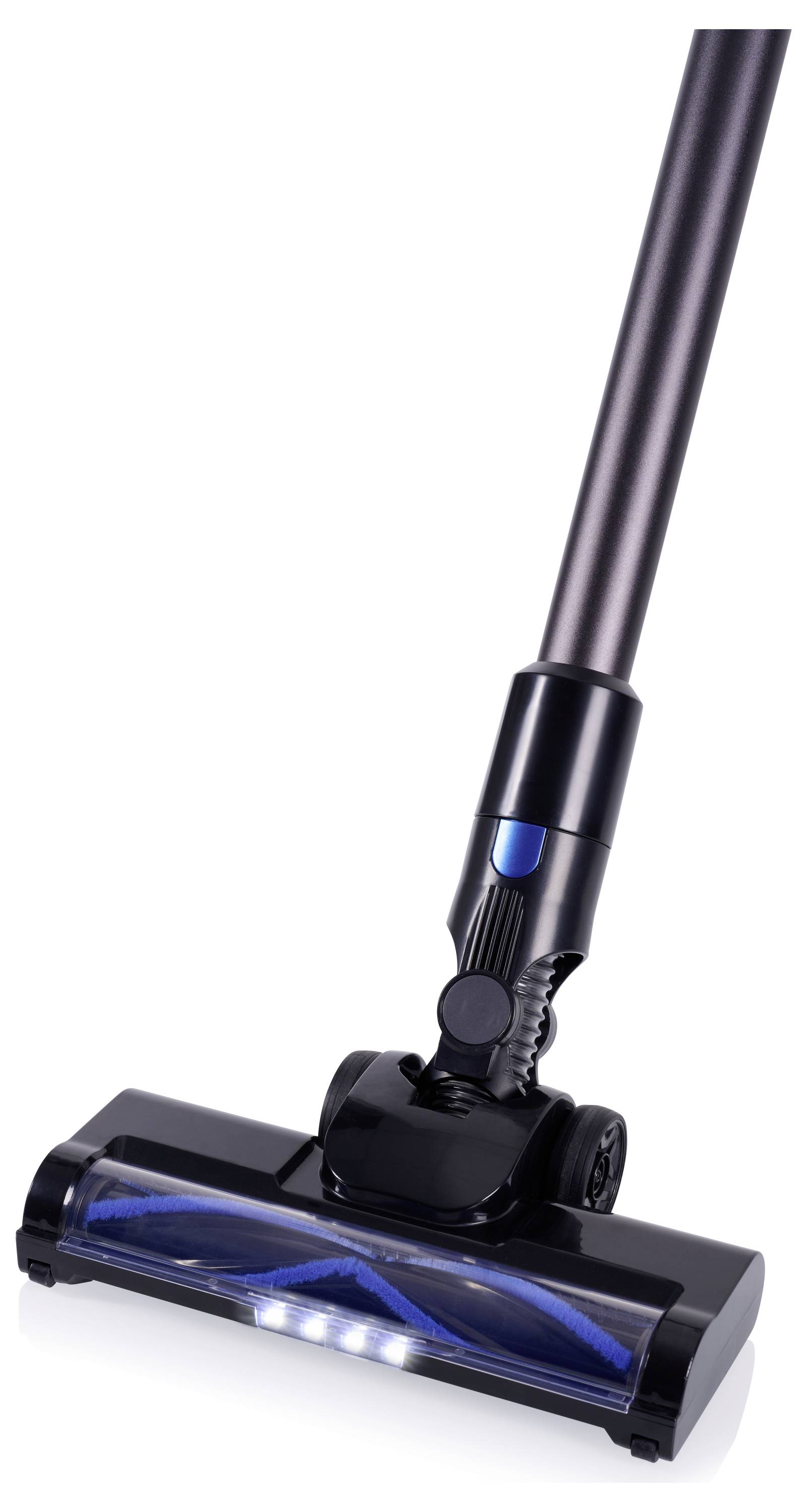 Przenośny odkurzacz z długą rączką i czarno-srebrną końcówką, wyposażoną z przodu w diody LED.