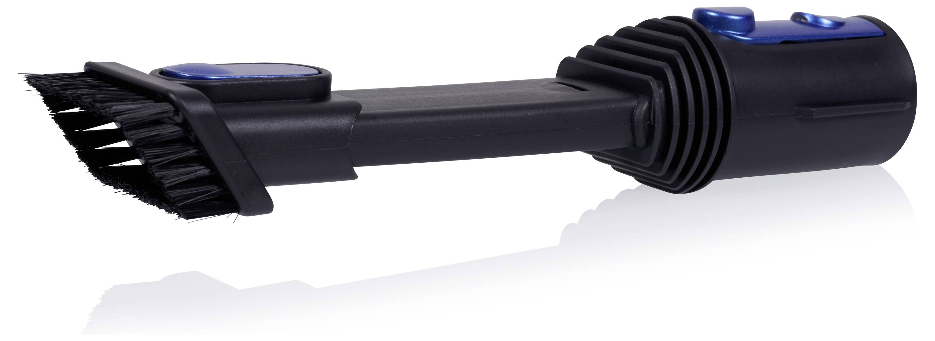 Czarny nakładka do odkurzacza z twardymi włoskami i niebieskimi przyciskami, przeznaczona do czyszczenia wąskich przestrzeni.