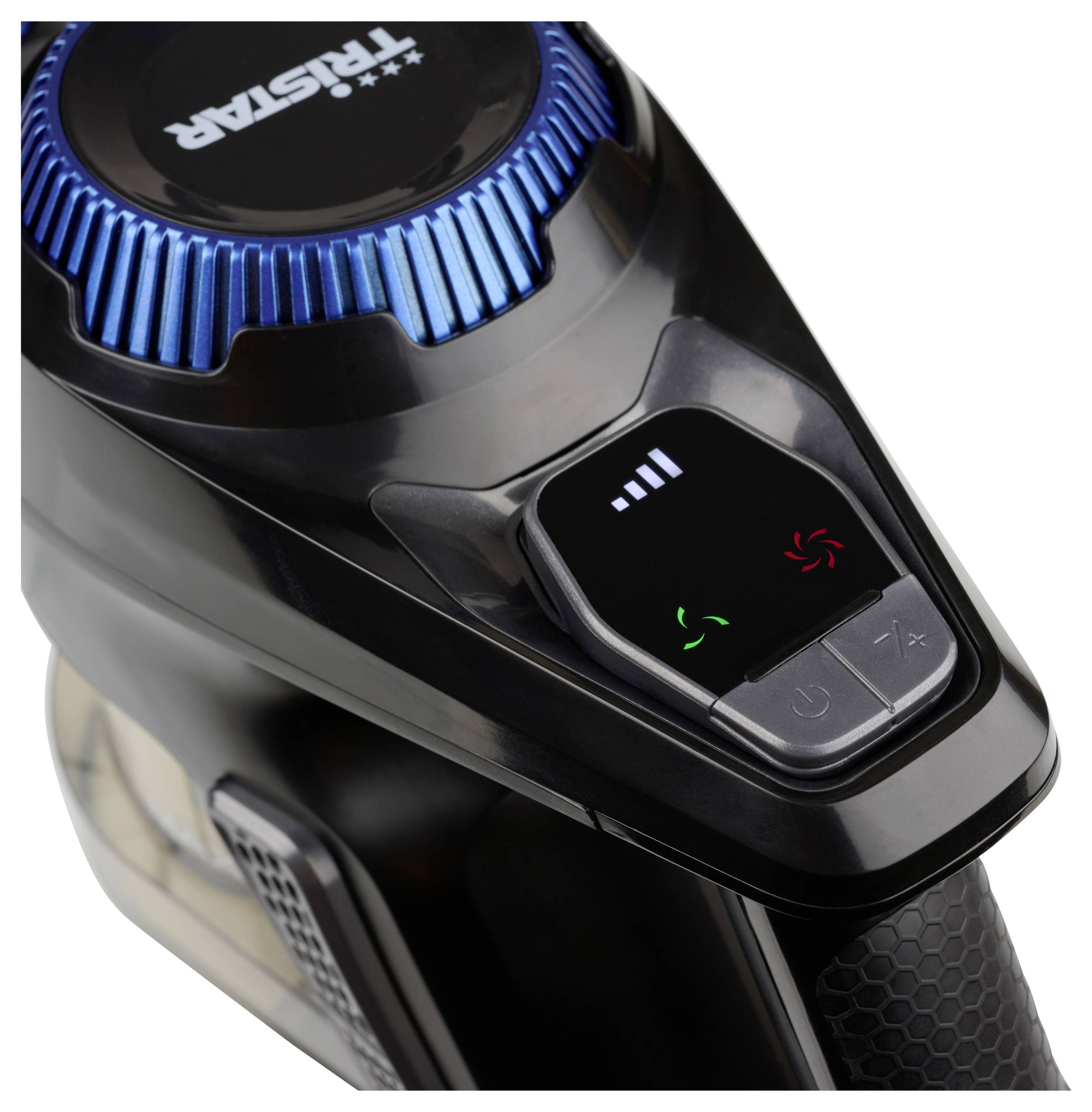 Czarny ręczny odkurzacz z niebieskim akcentem, prezentujący panel sterowania z przyciskami włączania/wyłączania, regulacji siły nadmuchu i wskaźnikiem poziomu baterii.