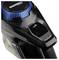 Czarny ręczny odkurzacz z niebieskim akcentem, prezentujący panel sterowania z przyciskami włączania/wyłączania, regulacji siły nadmuchu i wskaźnikiem poziomu baterii.