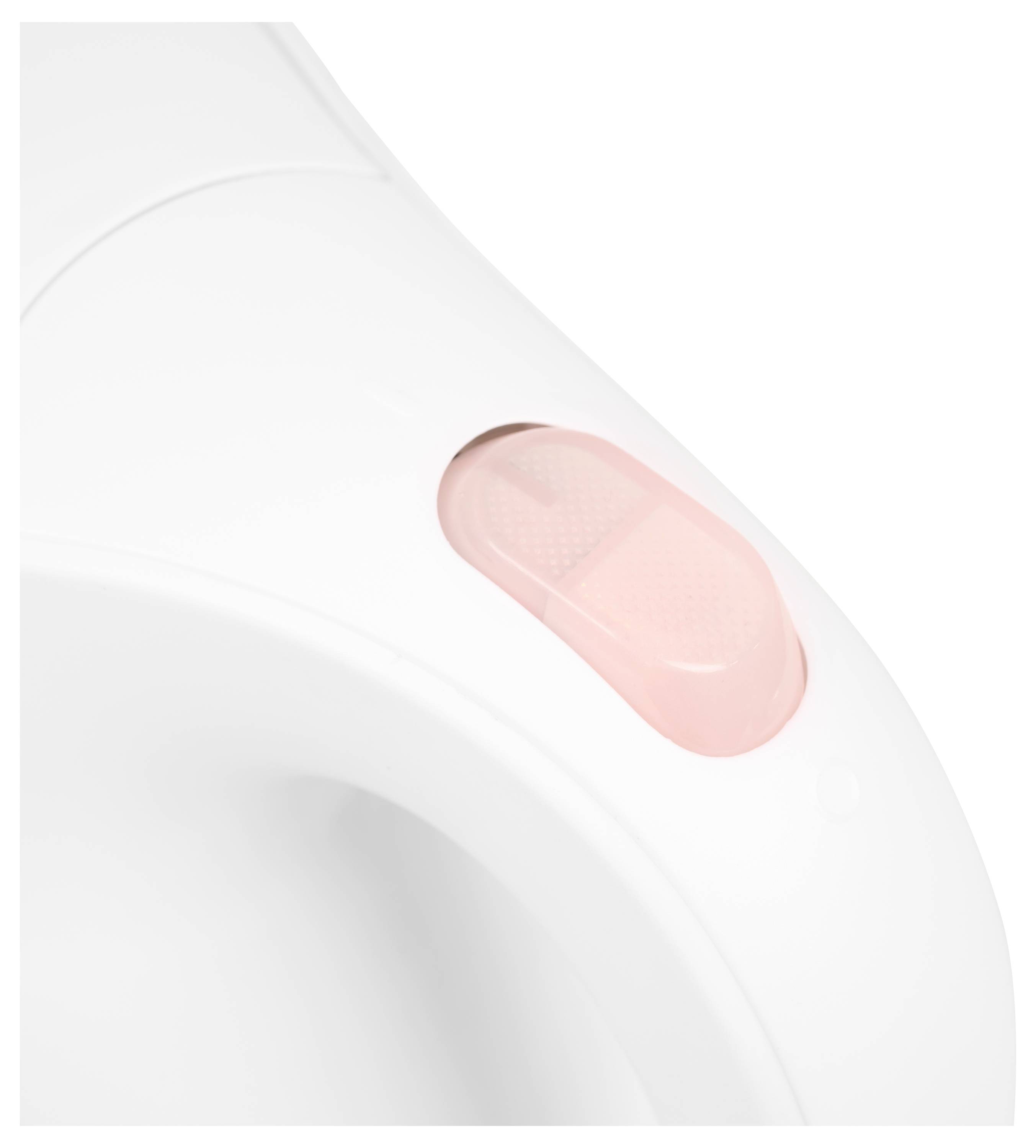 Zbliżenie białego urządzenia z różowym przełącznikiem.