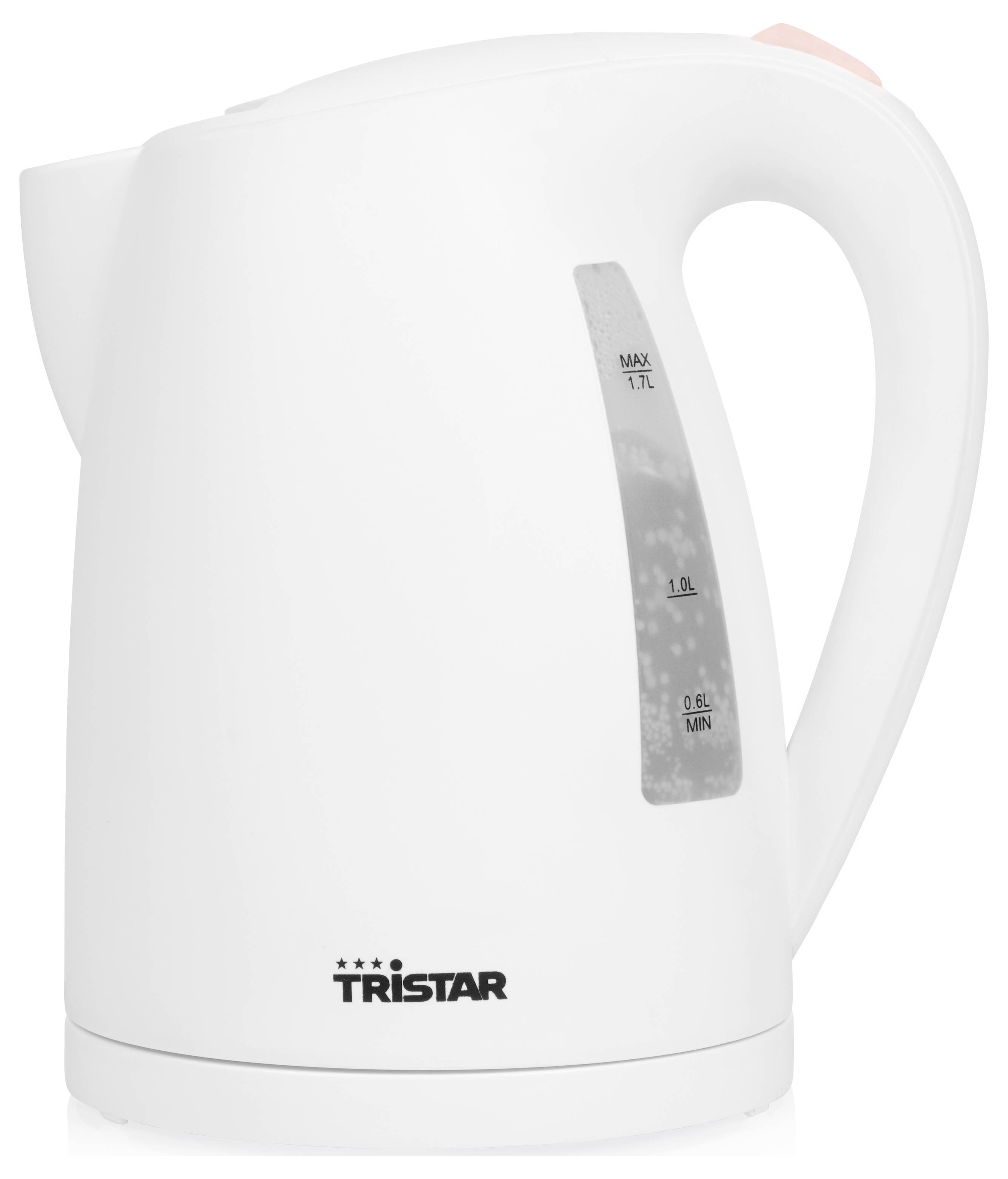 Biały czajnik elektryczny o maksymalnej pojemności 1,7 litra z widocznym wskaźnikiem poziomu wody na zewnętrznej części obudowy.