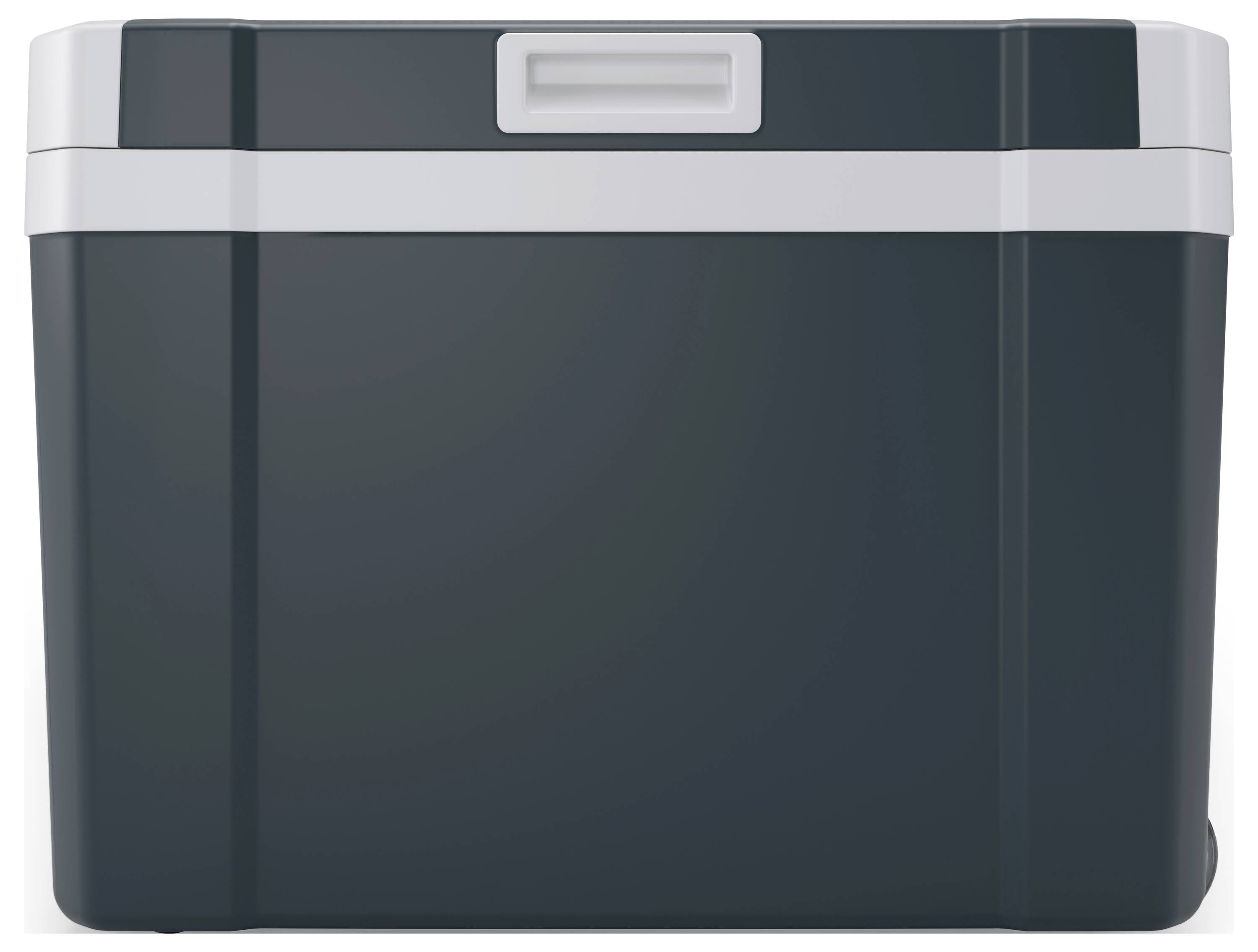 Ciemnoniebieska lodówka turystyczna z białą pokrywą i uchwytem; typowe wyposażenie turystyczne do chłodzenia żywności i napojów.