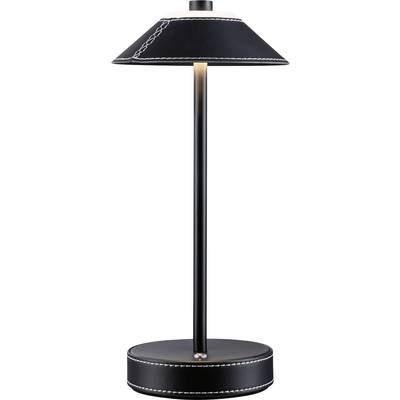Czarna lampa stołowa o smukłej nodze i okrągłej podstawie. Klosz lampy ozdobiony jest białymi szwami.