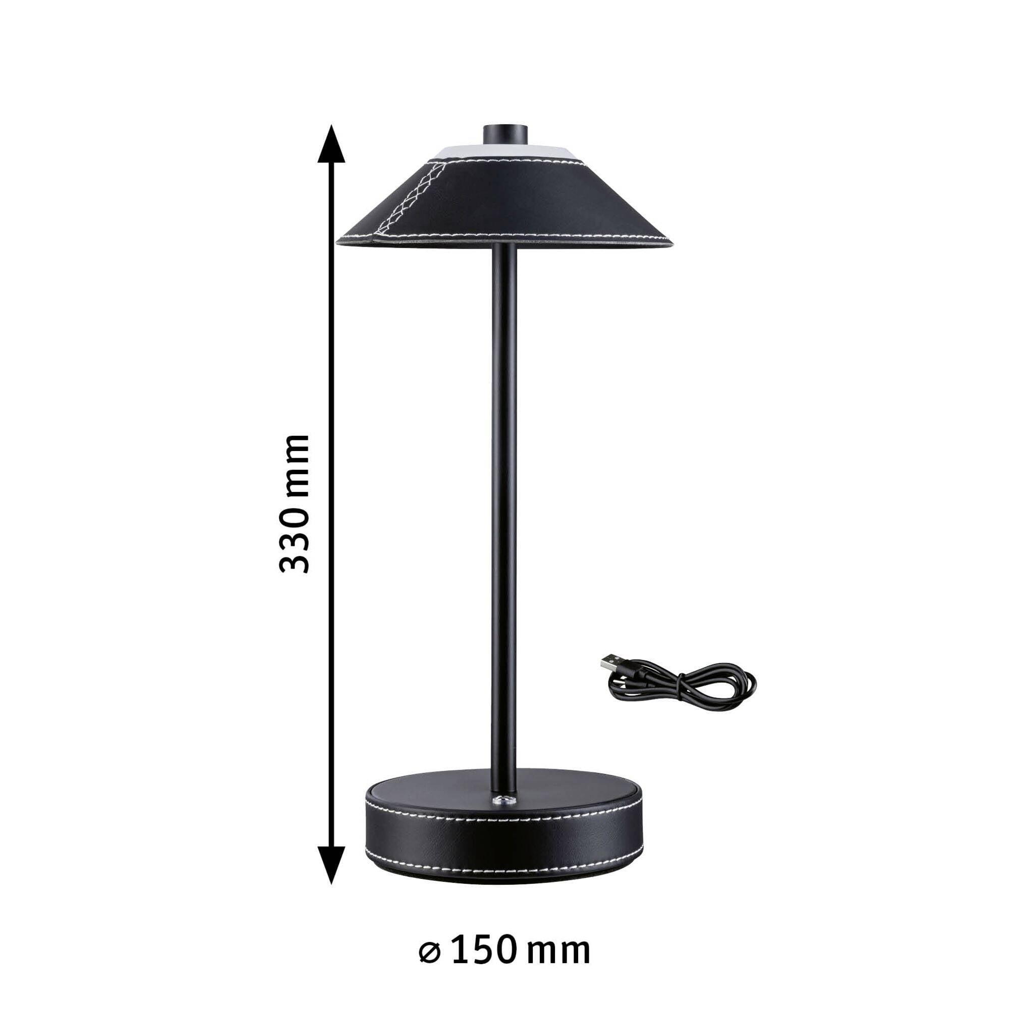 Czarna lampa stołowa z pokryciem skórzanym, wysokość 330 mm, średnica 150 mm, z przewodem sieciowym.