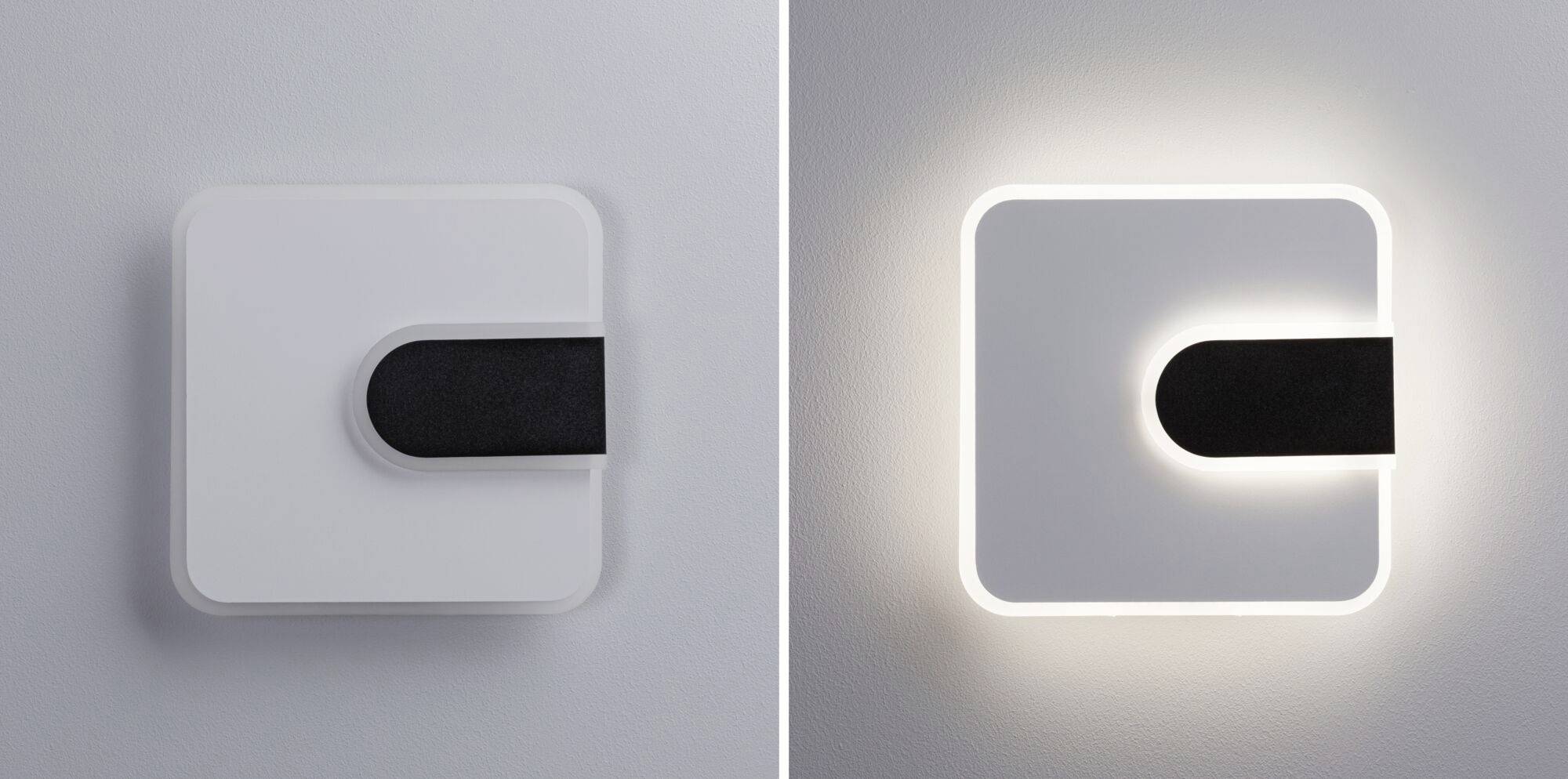 Lewy obraz przedstawia wyłączony kwadratowy kinkiet ścienny, prawy obraz pokazuje tę samą lampę włączoną, z białą podświetloną ramką.