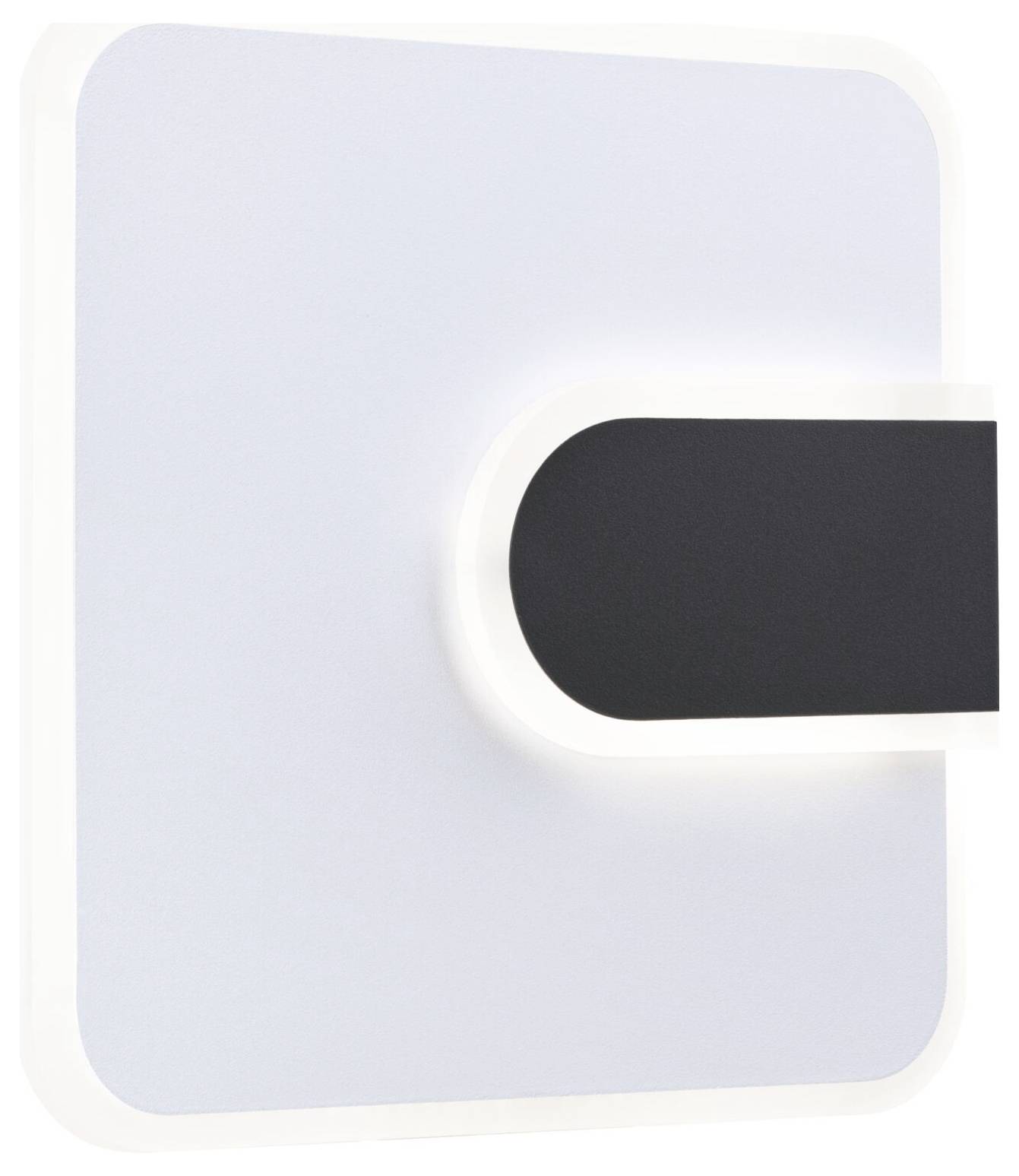 Prostokątna, nowoczesna lampa ścienna z białą ramką i czarną środkową częścią, która zapewnia miękkie oświetlenie.