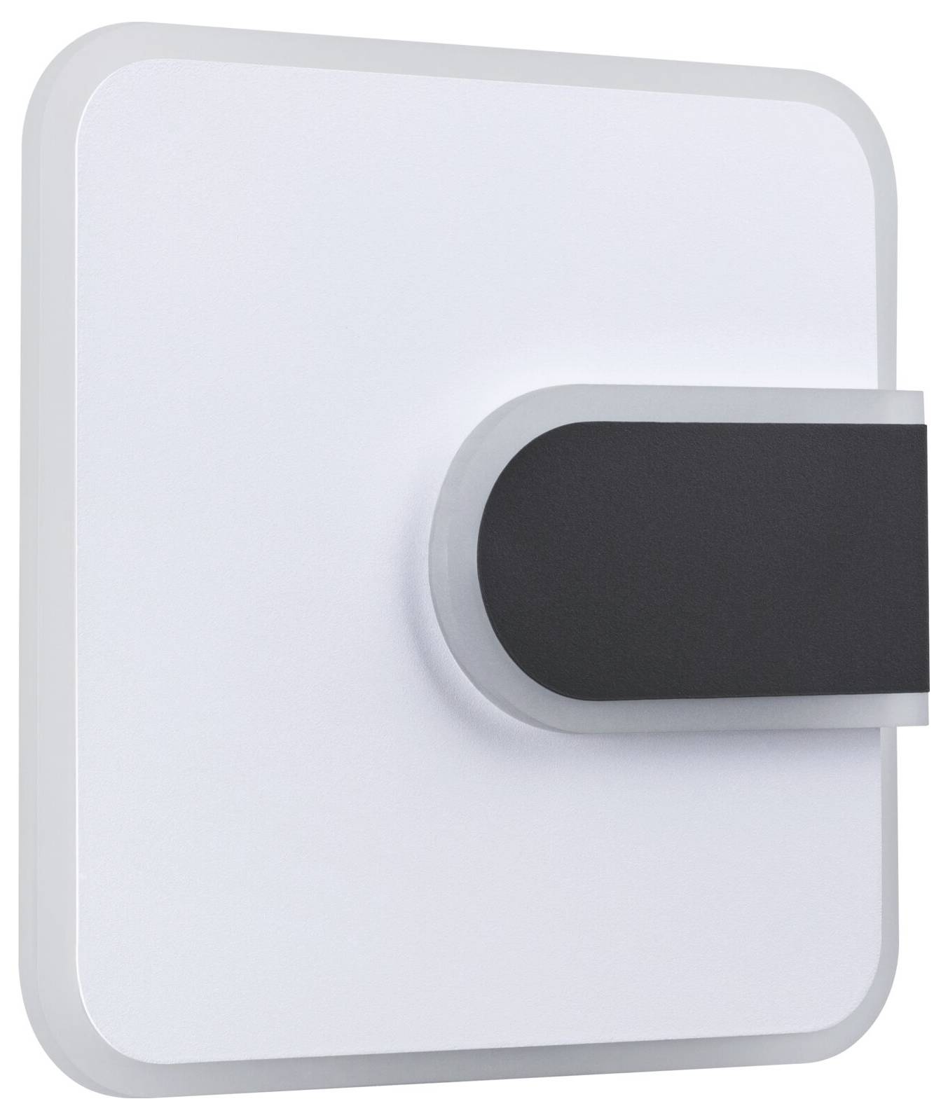 Kinkiet o nowoczesnym designie: kwadratowy kształt, biała powierzchnia z czarnym, prostokątnym akcentem pośrodku.