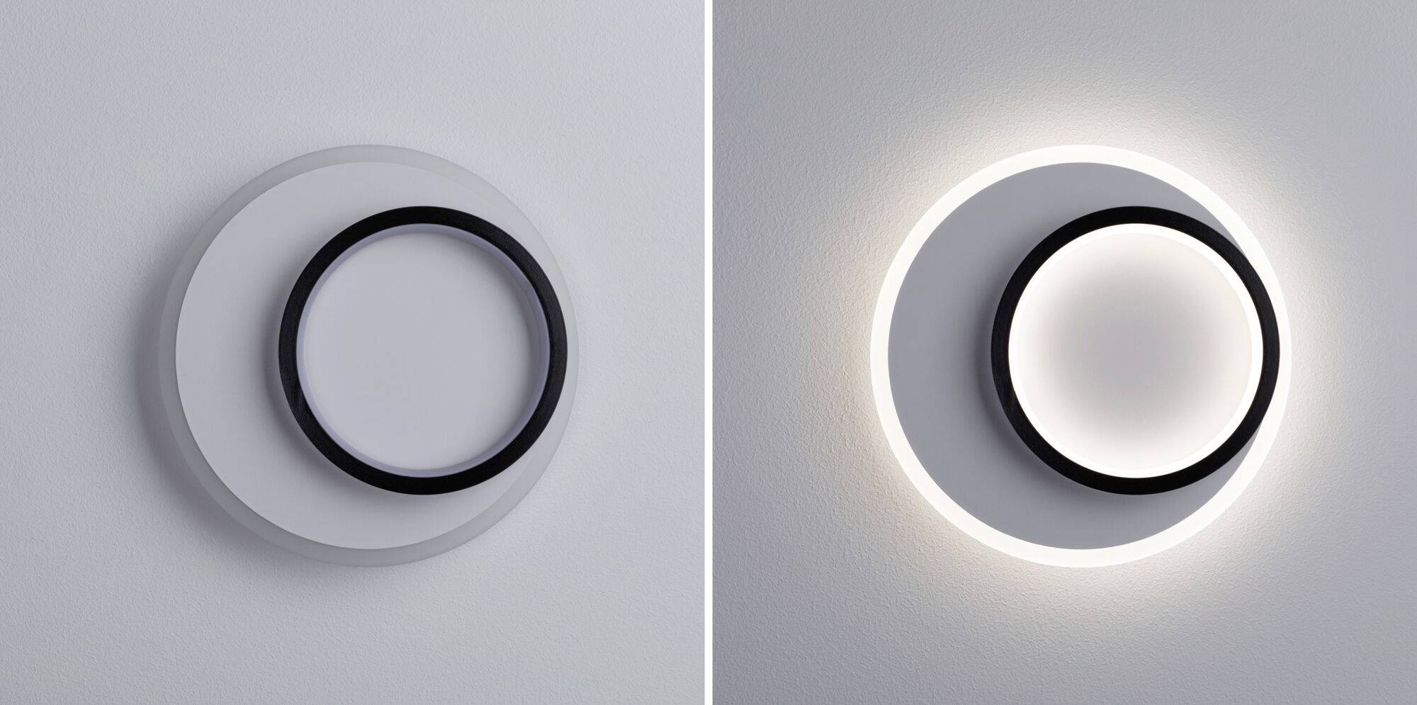 Dwa zdjęcia okrągłej lampy ściennej. Po lewej stronie wyłączona, po prawej stronie włączona, z świecącym pierścieniem emitującym miękkie światło.