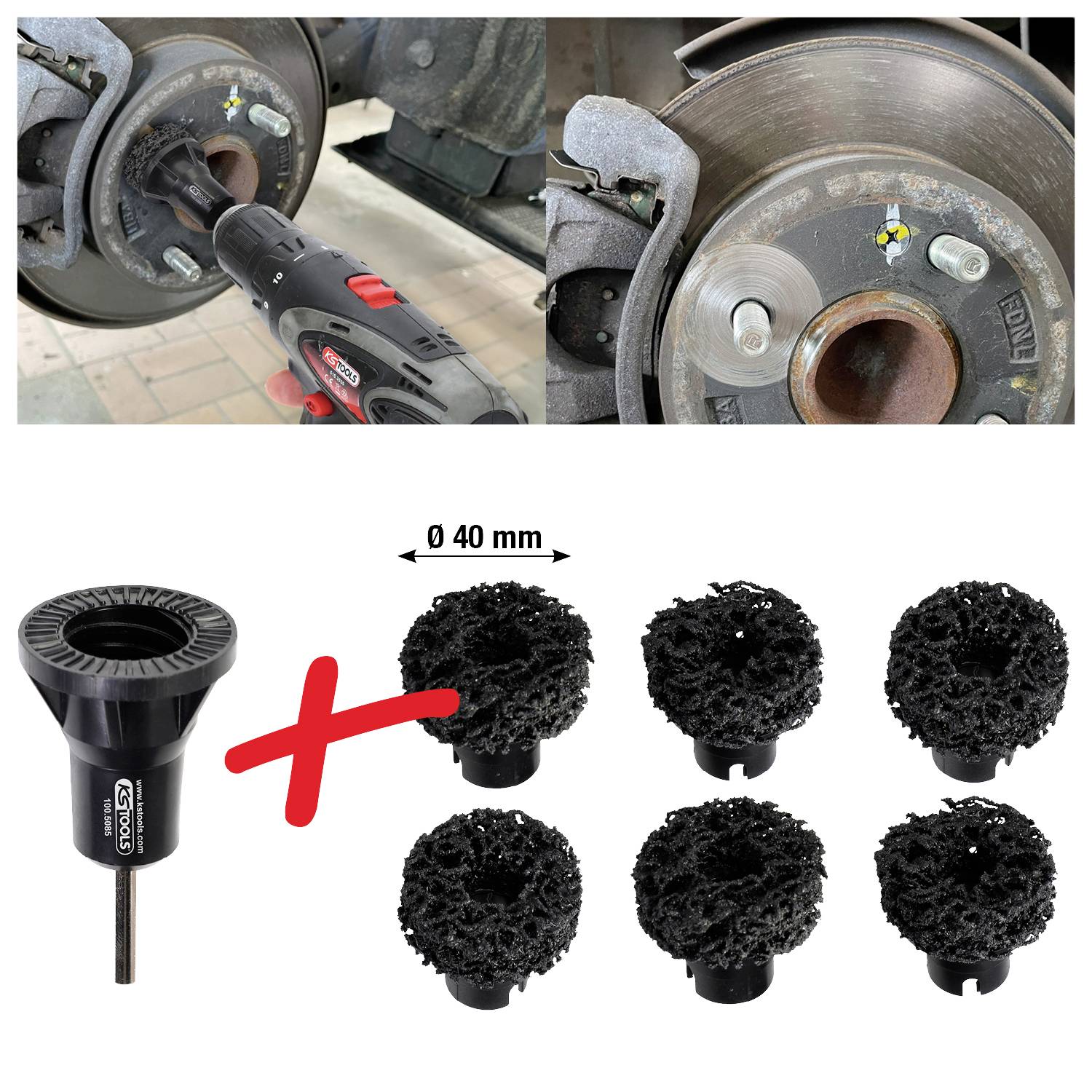 'Elektroniczny wkrętak do czyszczenia tarcz hamulcowych z nakładką. Pięć czarnych końcówek szczotkowych jako części zamienne, o średnicy 40 mm.'