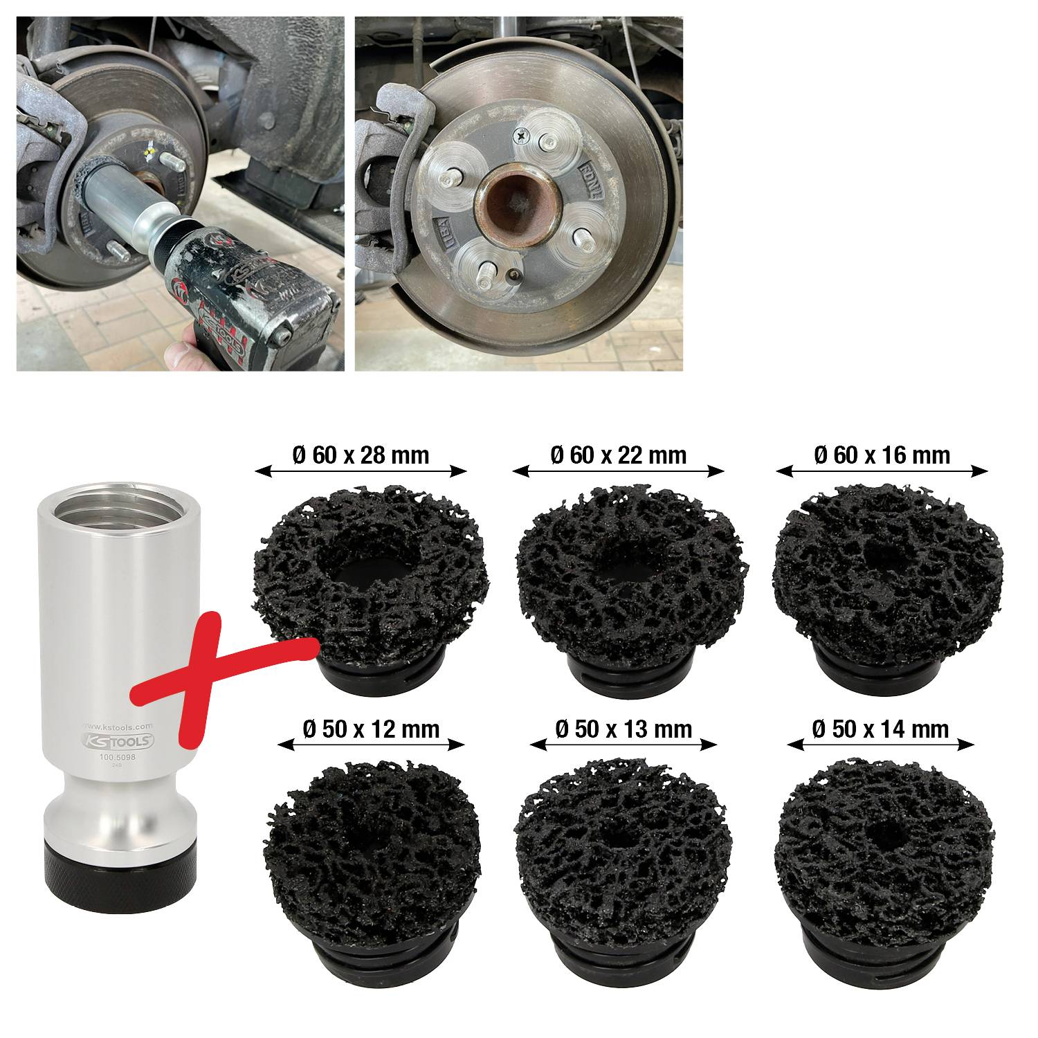 Narzędzie do czyszczenia hamulców z sześcioma wymiennymi końcówkami w różnych rozmiarach, uzupełnione dwoma ilustracjami przedstawiającymi sposób użycia.