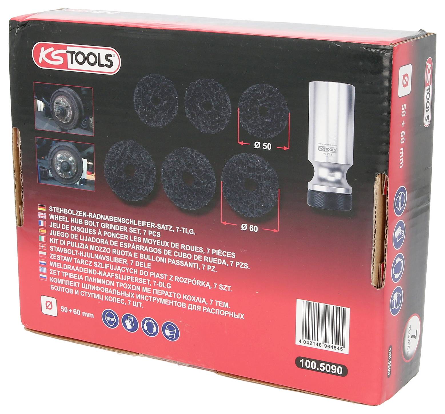 Opakowanie KS Tools z 7-częściowym zestawem narzędzi do szlifowania kołków gwintowanych z przedstawieniem narzędzi i nasadki.