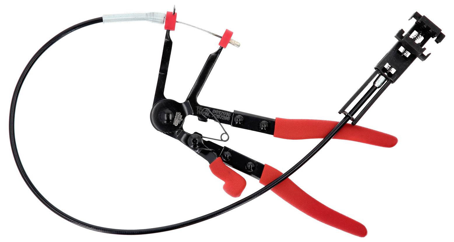 Szczypce zaciskowe z czerwoną rękojeścią i elastycznym przewodem, zaprojektowane do usuwania zacisków przewodów w trudno dostępnych miejscach.