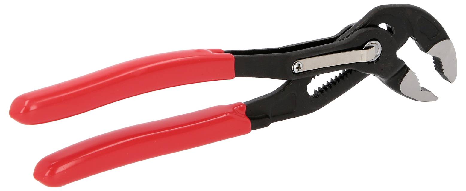 Czerwone szczypce do rur z regulowaną szczęką, przydatne do chwytania i mocowania rur lub innych okrągłych przedmiotów.