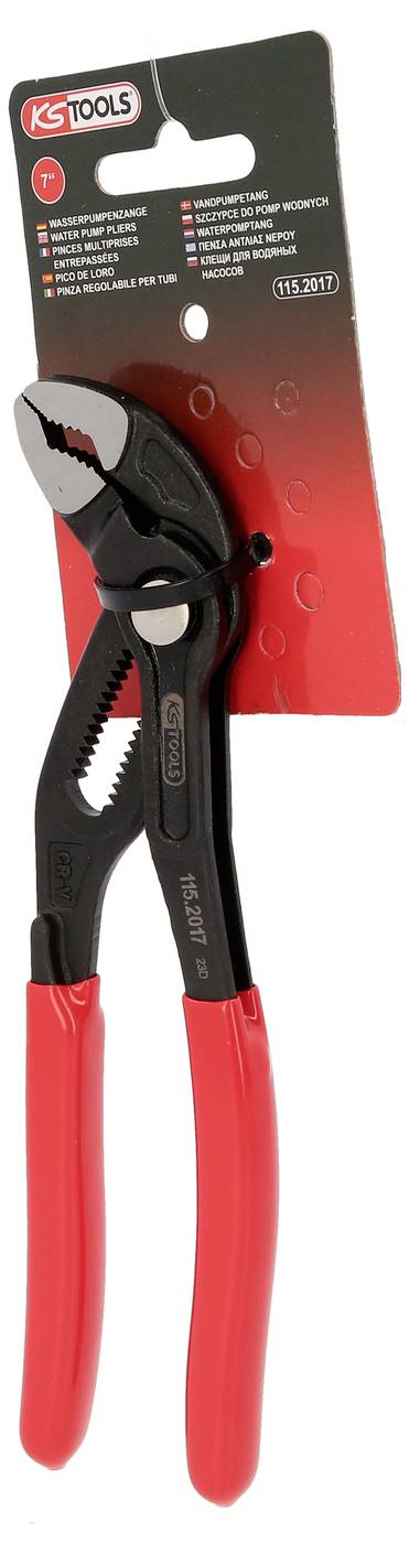 Szczypce do pomp wodnych 'KS Tools' z czerwonym uchwytem na karcie opakowaniowej; ergonomiczny design do wszechstronnych zastosowań w instalacjach.