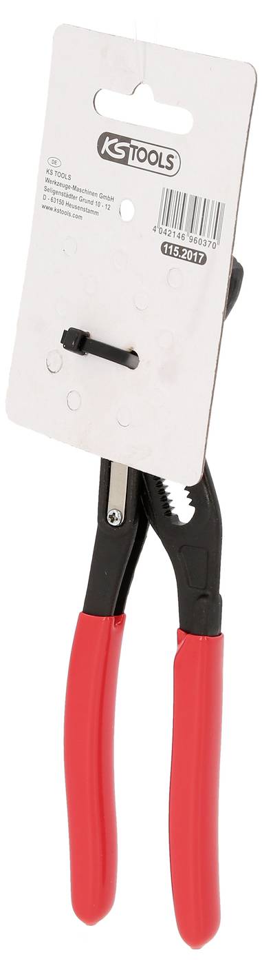 Czerwone uniwersalne szczypce przegubowe marki KS Tools na tle opakowania. Idealne do prac mechanicznych, z antypoślizgowym uchwytem.