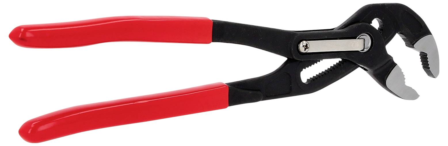 Czerwone szczypce nastawne do rur z regulowanymi szczękami, odpowiednie do chwytania i obracania rur lub śrub.