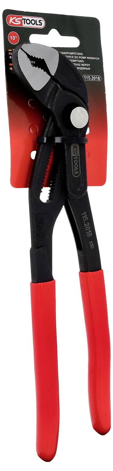 Szczypce do rur z czerwonymi uchwytami i czarną głowicą, przymocowane do karty produktowej.