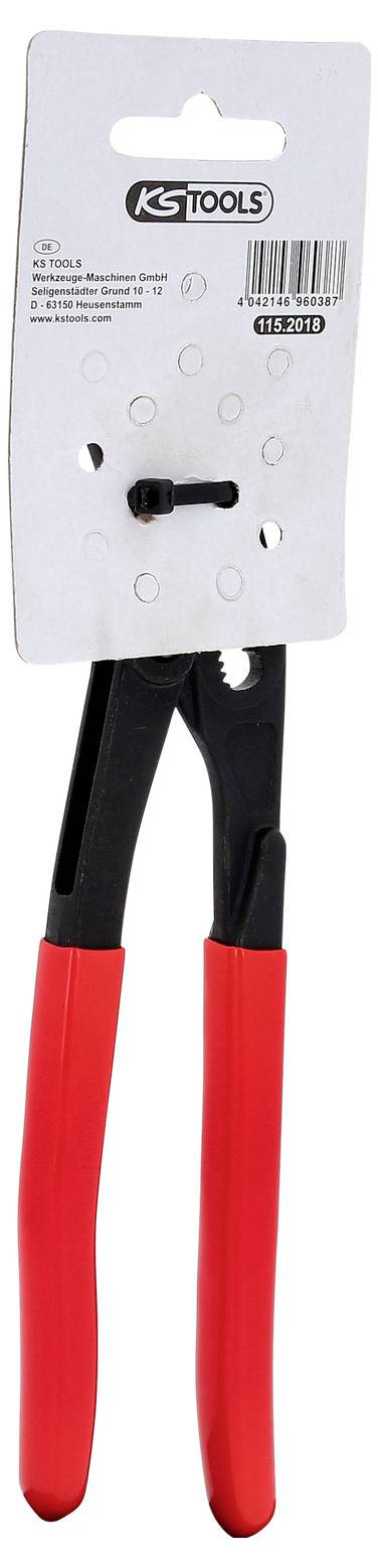 Czerwone szczypce z czarnymi szczękami, przymocowane do białego uchwytu tekturowego z logo 'KS Tools'.