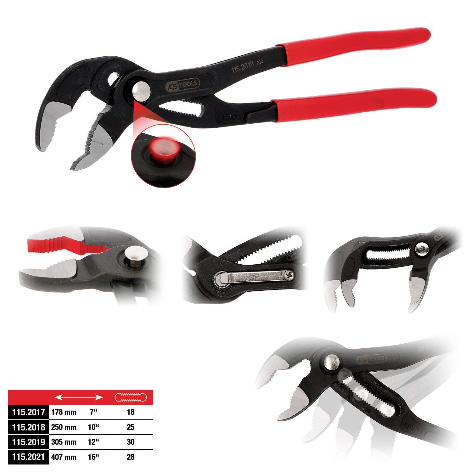 Szczypce nastawne z czerwonymi uchwytami; zbliżenia prezentują szczęki i mechanizm regulacji. Tabela wielkości w lewym dolnym rogu porównuje długości szczypiec.