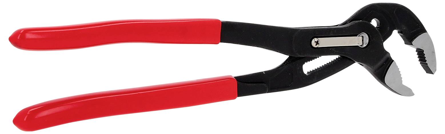 Czarne szczypce do wody z czerwonymi uchwytami, rozłożone ukośnie na białym tle.