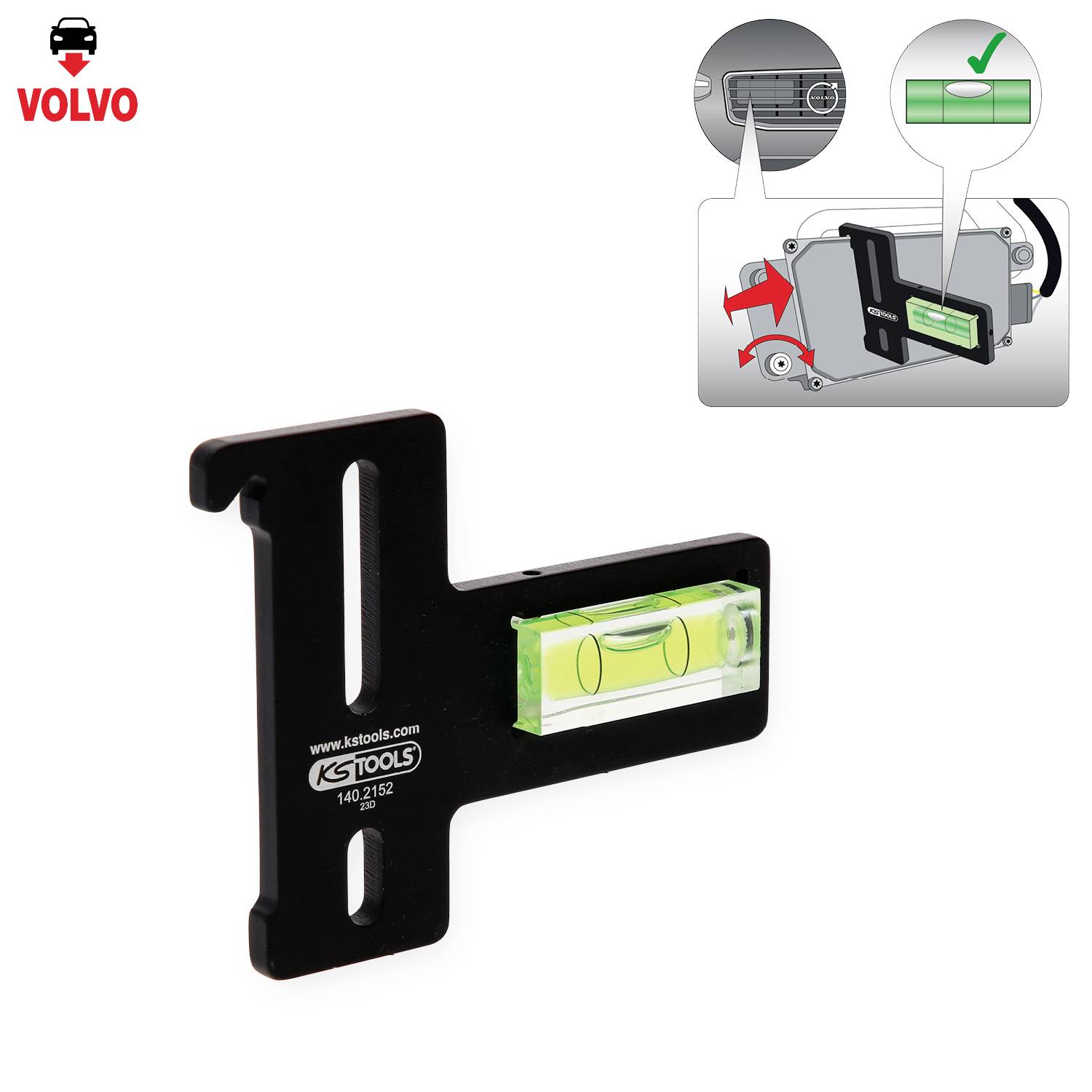 Poziomnica narzędziowa z oznaczeniami 'KS Tools' oraz '140.2165', używana do wyrównywania części samochodowych, z logo marki 'Volvo'.